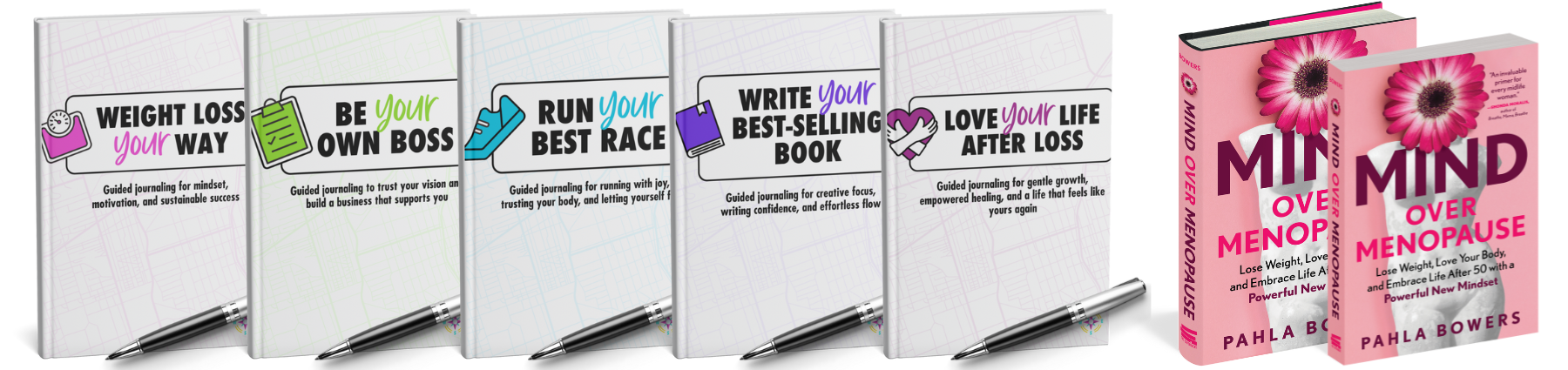 getyourgoal-guided-journaling-book-shop-image Guided journaling experiences and Mind Over Menopause book, available inside the Get Your GOAL shop.
